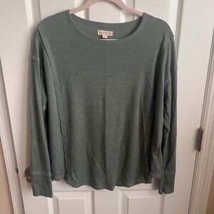 Knox Rose Women's Long Sleeve Ribbed Knit Top Casual Everyday Green‎ Size S Boxy